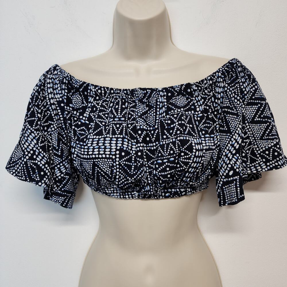 Womens Flutter Ruffle Sleeve Crop Top Size L Geo Blue Elastic Neck Summer Gypsy - Picture 2 of 9